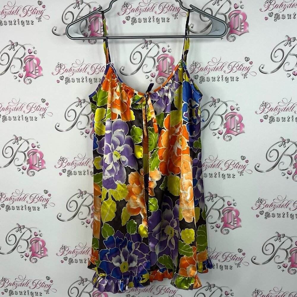 La SENZA baby doll mini dress tank Floral Camisole Purple, Orange Green ruffle